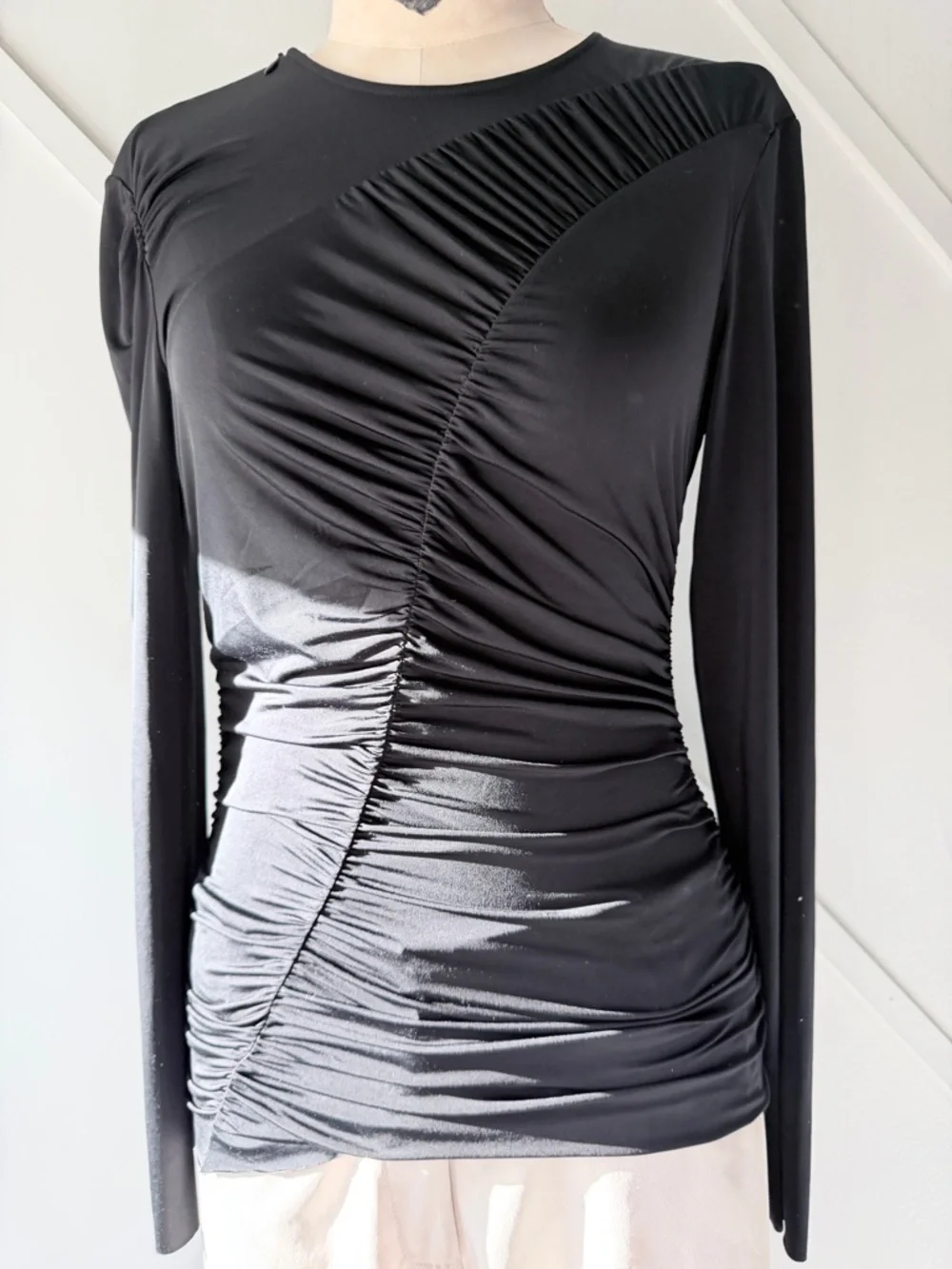 Tibi Ruched Jersey Crewneck Long Sleeve Top Black|Size 2 Minimal Draped Designer - Picture 8 of 14